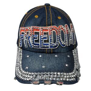 Freedom Rhinestone Bling Slideback Hat Blue One Size Denim Studded
